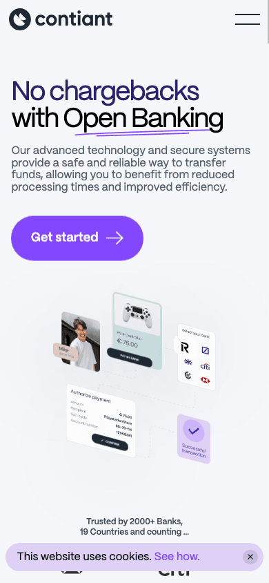 Головна сторінка Contiant з ілюстраціями платежів Open Banking і переходом до продукту (телефон)