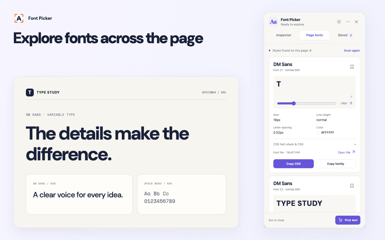 Вкладка Page fonts у Font Picker показує стилі типографіки, знайдені у видимому тексті сторінки.