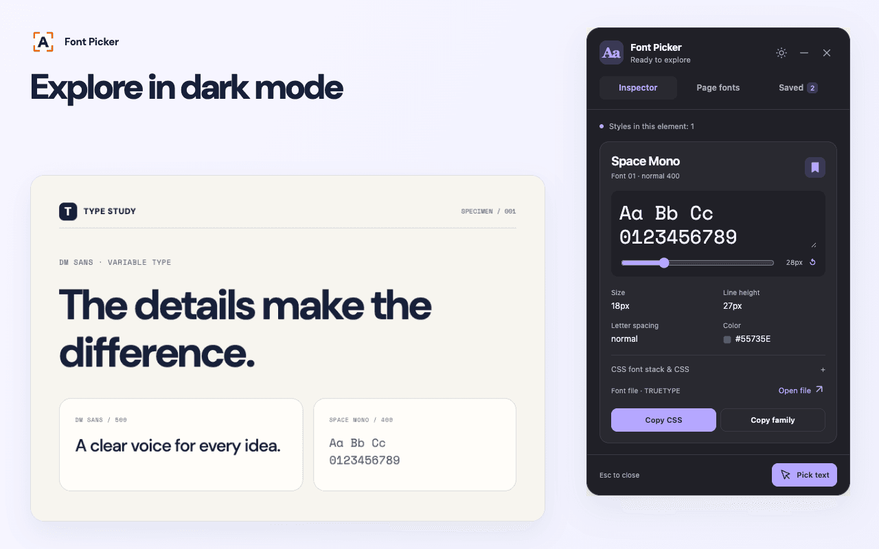 Темний інспектор Font Picker показує збережений стиль Space Mono поруч зі світлою сторінкою зразків типографіки.