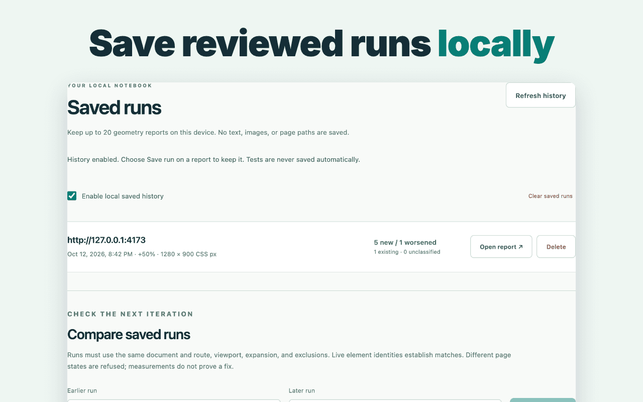 Сторінка Saved runs у LocaleStress із необов’язковою локальною історією, збереженим звітом і керуванням порівнянням.