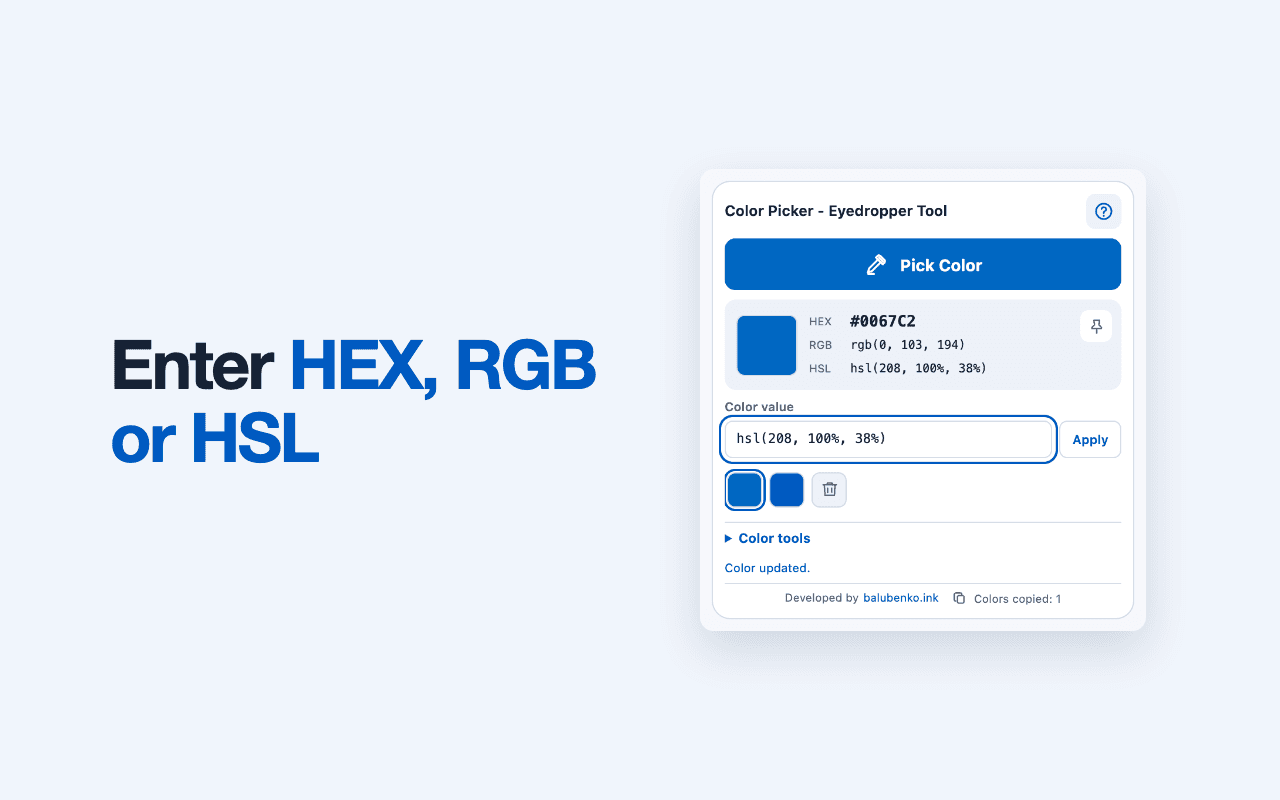 Вікно Native Color Picker зі значенням HSL у полі кольору.