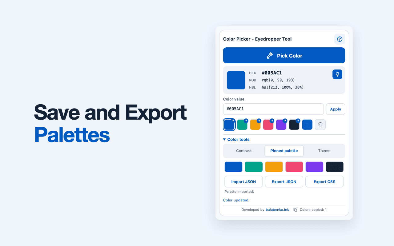 Закріплена палітра Native Color Picker із керуванням імпортом JSON та експортом JSON або CSS.