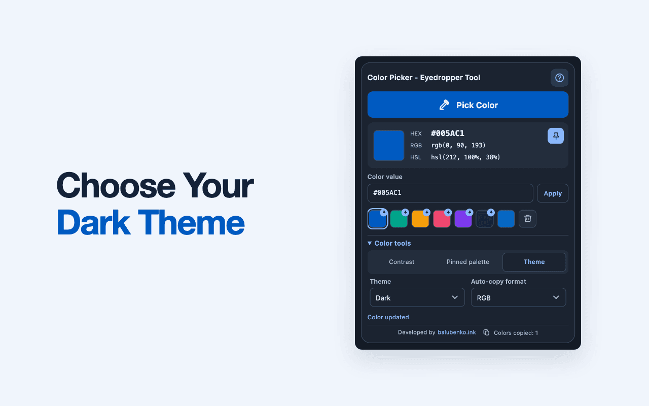 Темна тема Native Color Picker з останніми кольорами, закріпленою палітрою та налаштуваннями теми.