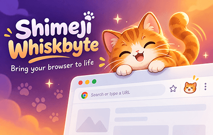 Рекламне зображення Shimeji Whiskbyte з рудим котиком над вікном браузера.
