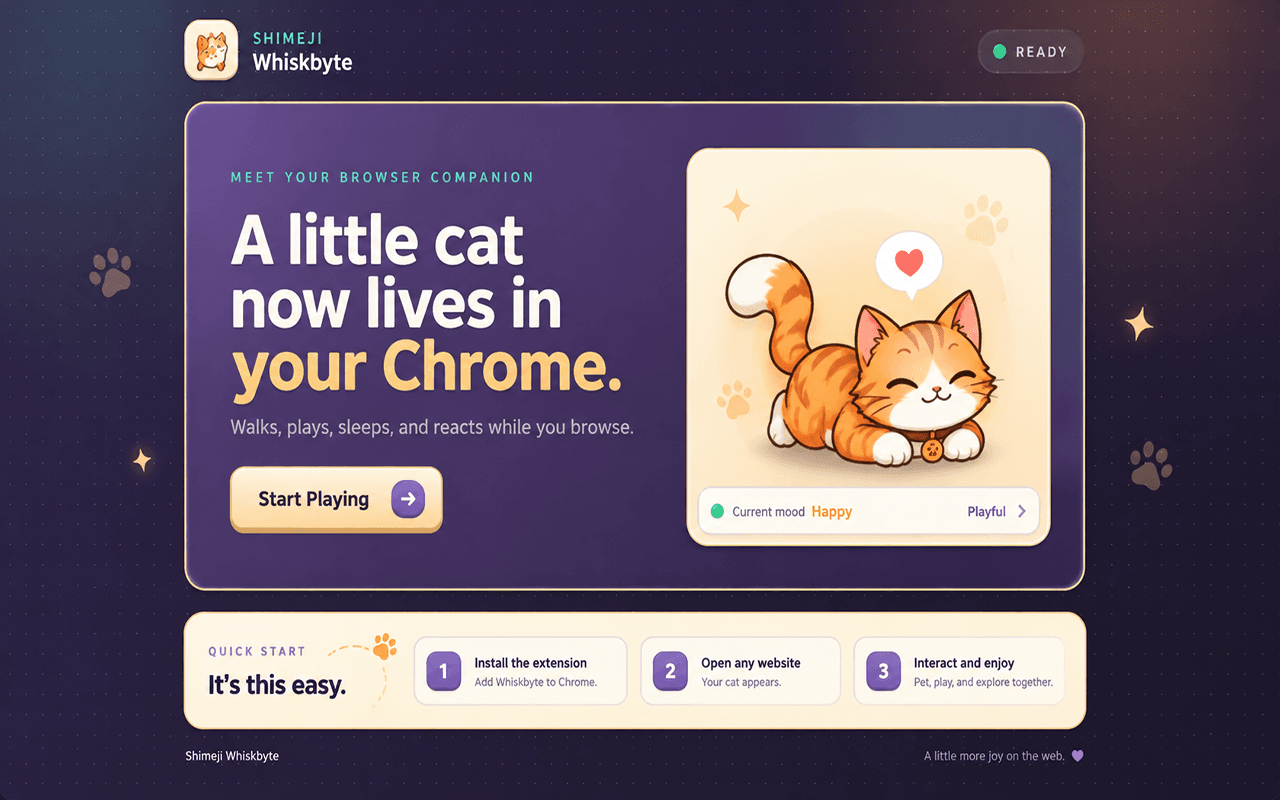 Вітальна сторінка Shimeji Whiskbyte знайомить з анімованим рудим котиком браузера та першими кроками.