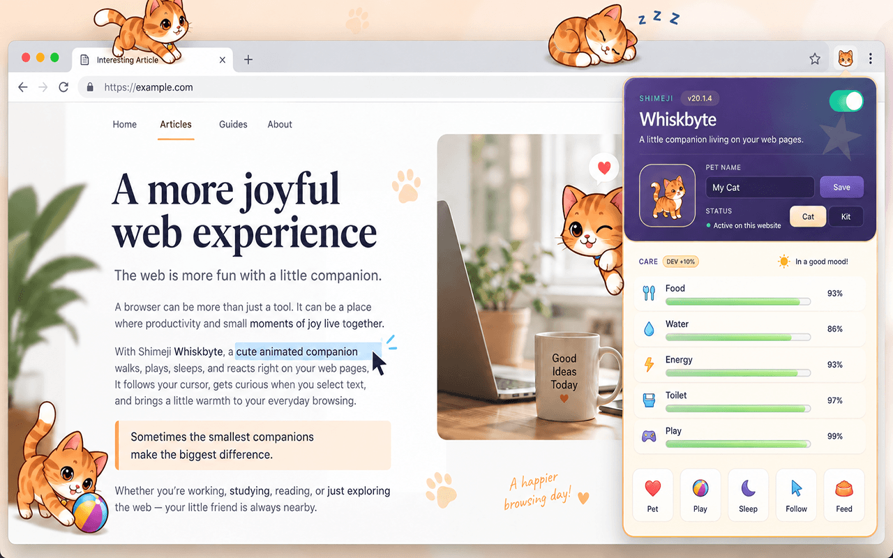 Shimeji Whiskbyte на зразку статті з рудим котиком та керуванням їжею, водою й енергією.