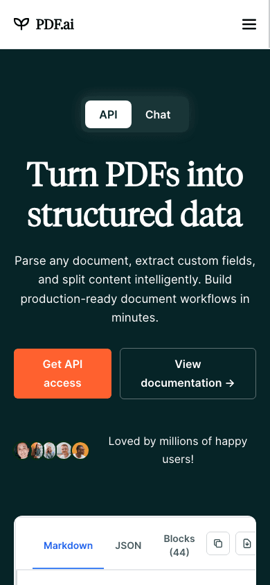 PDF.ai homepage with document API actions and a structured-data preview (mobile view)