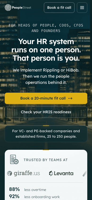 People Street homepage with HRIS services and consultation actions (mobile view)